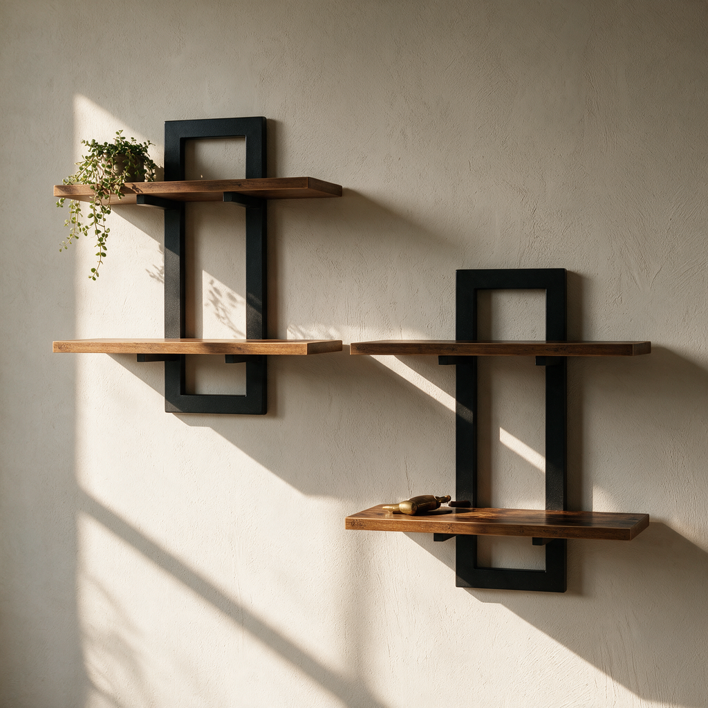 Two tier timber and black metal wall shelves staggered on a plain plaster wall