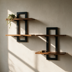 Two tier timber and black metal wall shelves staggered on a plain plaster wall