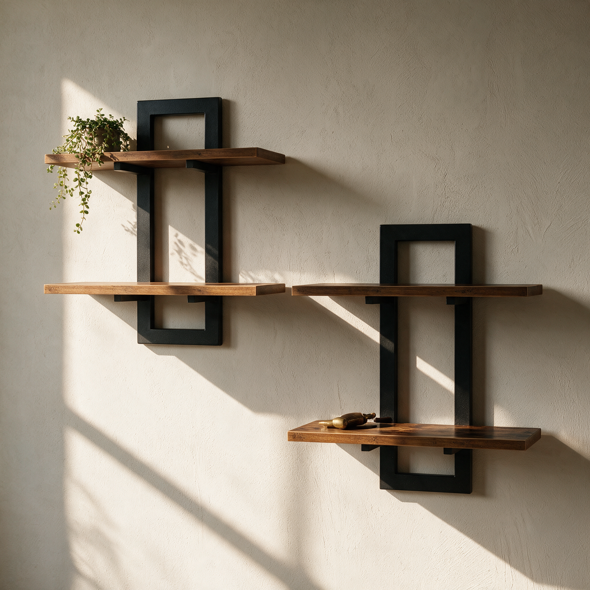 Two tier timber and black metal wall shelves staggered on a plain plaster wall