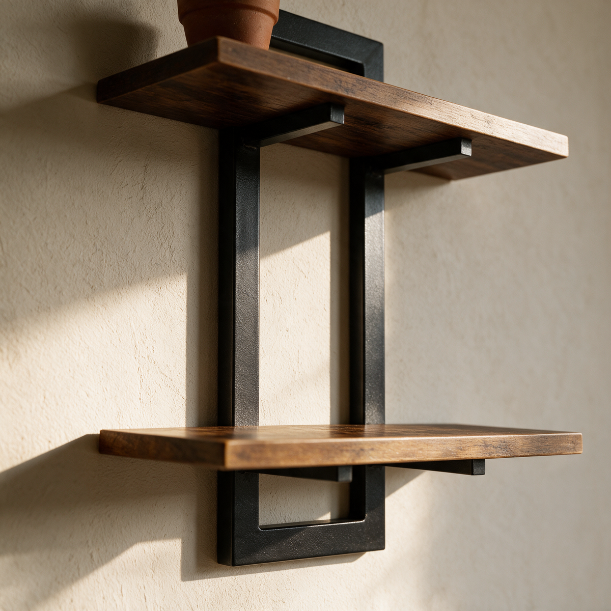 Close view of one tall black metal shelf frame carrying its upper and lower timber boards