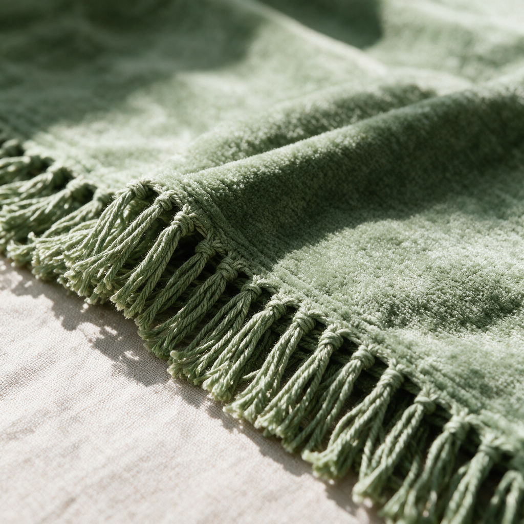 Close up of the knotted tassel fringe and soft pile of a green chenille throw