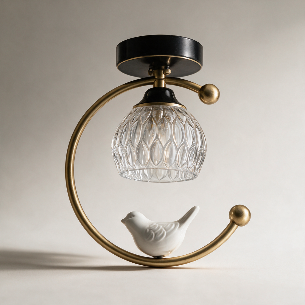 Finch Ceramic Bird Semi-Flush Ceiling Light with Fluted Glass — Brass and Black