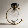 Finch Ceramic Bird Semi-Flush Ceiling Light with Fluted Glass — Brass and Black