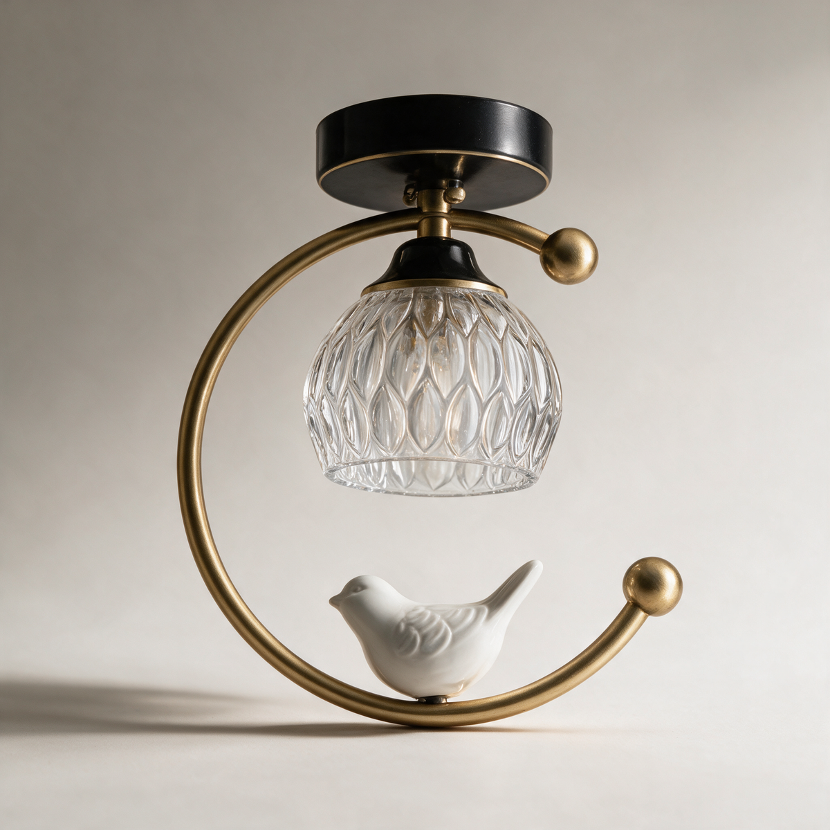 Finch Ceramic Bird Semi-Flush Ceiling Light with Fluted Glass — Brass and Black