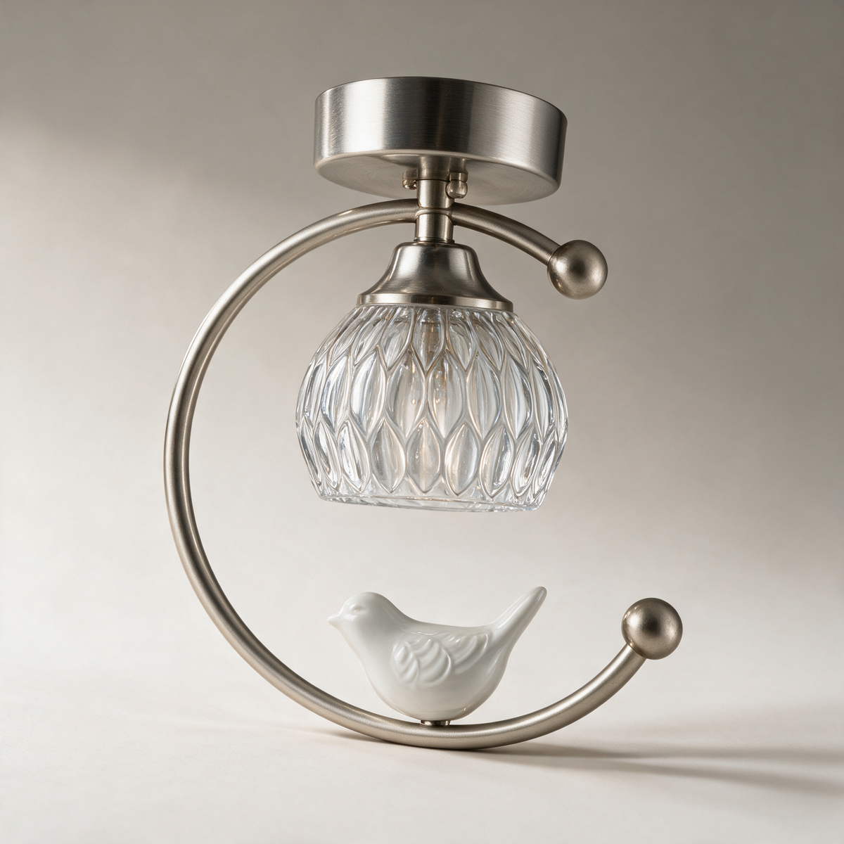 Finch Ceramic Bird Semi-Flush Ceiling Light with Fluted Glass — Nickel