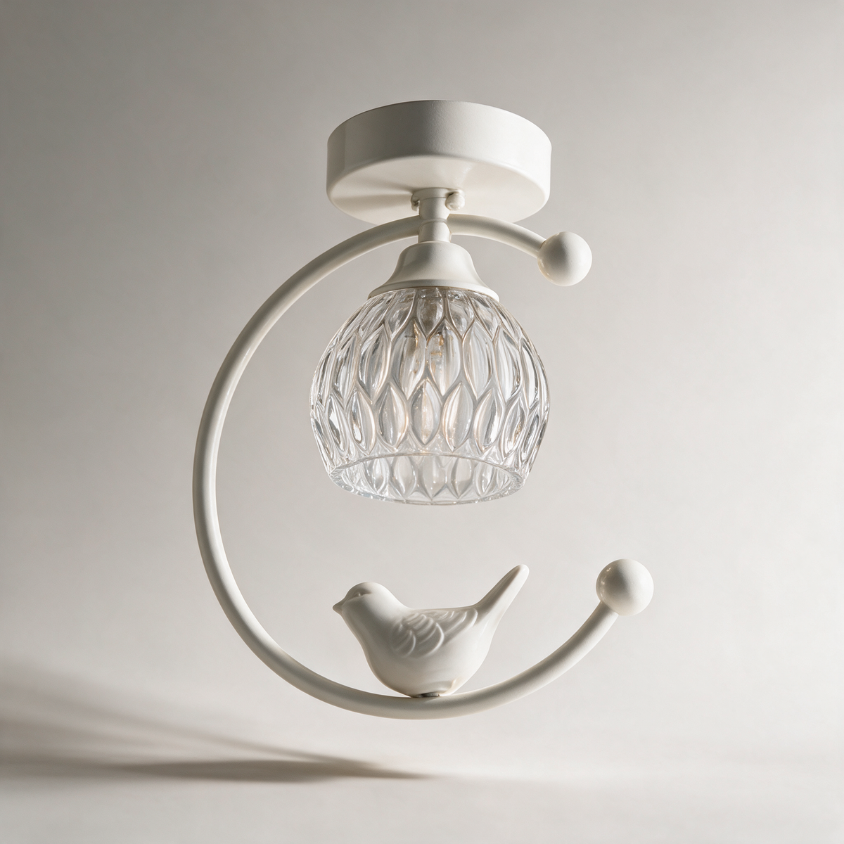 Finch Ceramic Bird Semi-Flush Ceiling Light with Fluted Glass — White