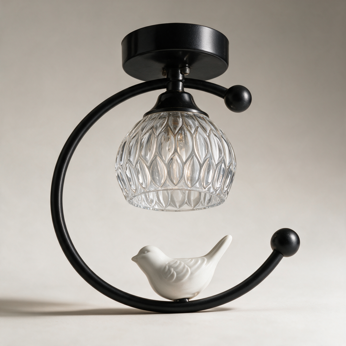 Finch Ceramic Bird Semi-Flush Ceiling Light with Fluted Glass — Black