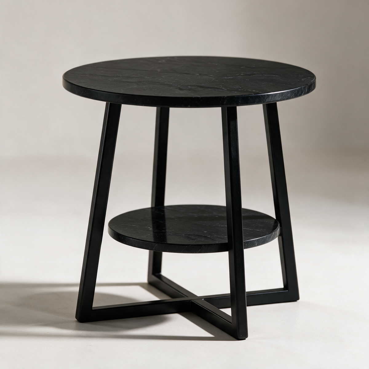 Nairn Round Marble-Top Side Table with Lower Shelf — Black