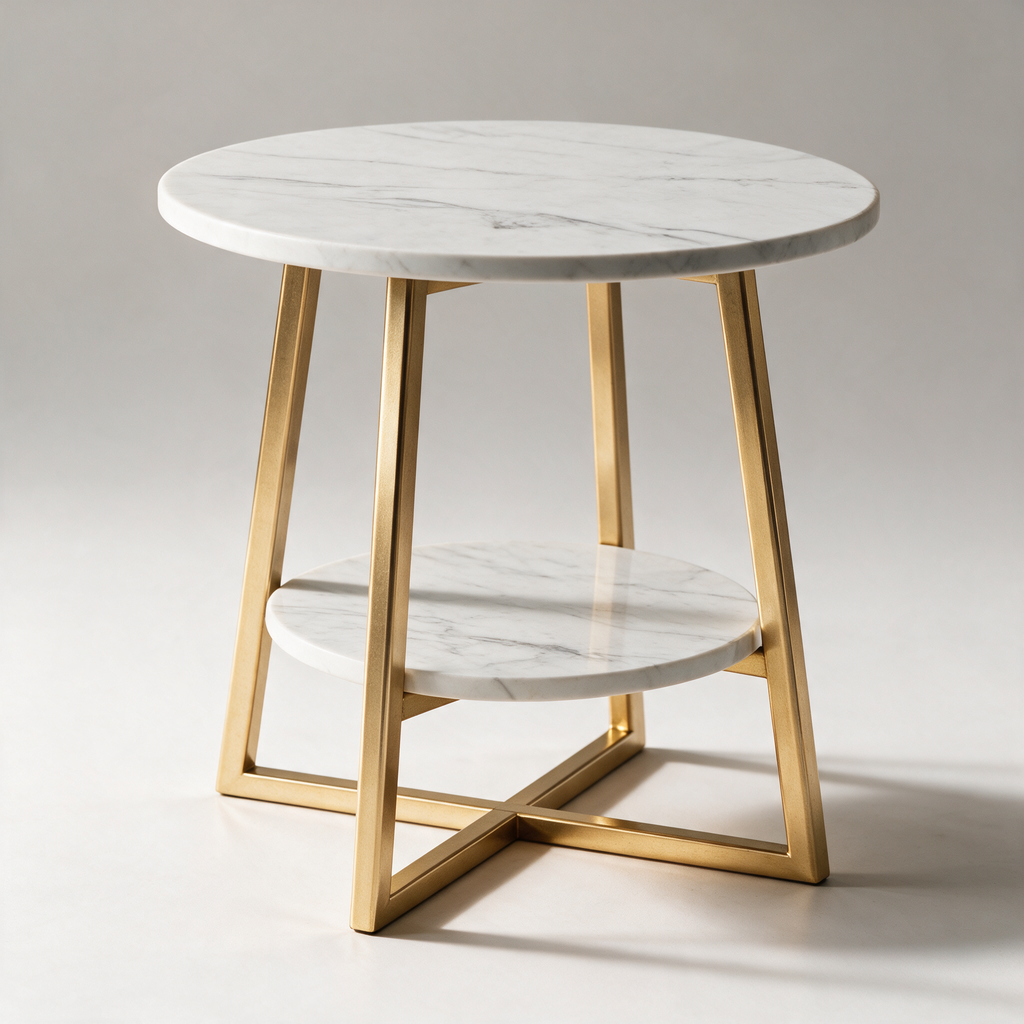 Nairn Round Marble-Top Side Table with Lower Shelf — White with Gold