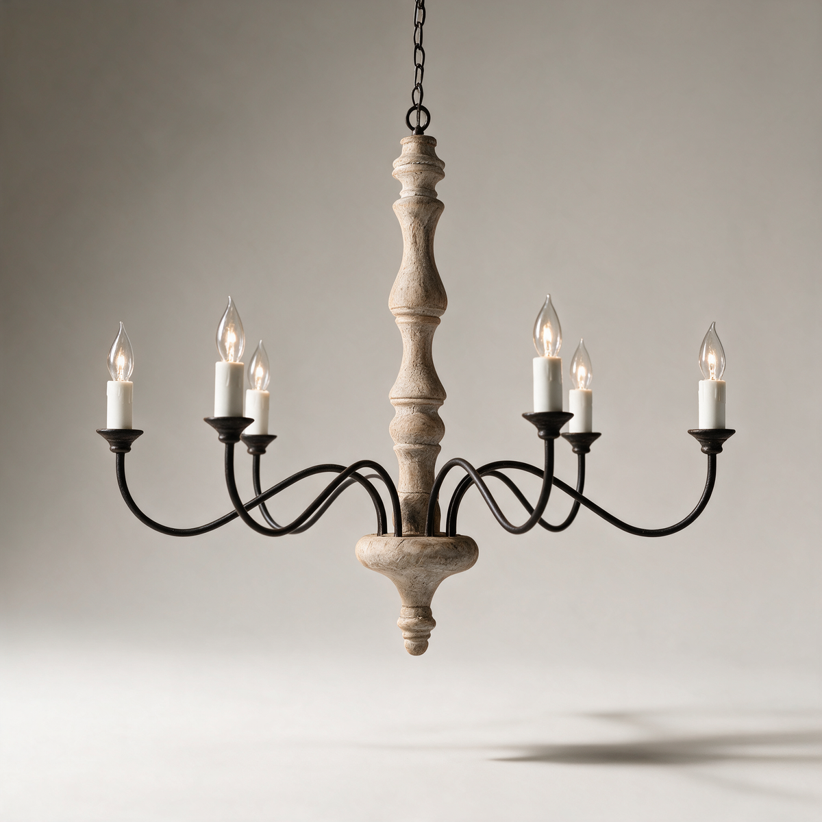 Fallow Wood and Iron Candle Chandelier — Standard, White Candle Base