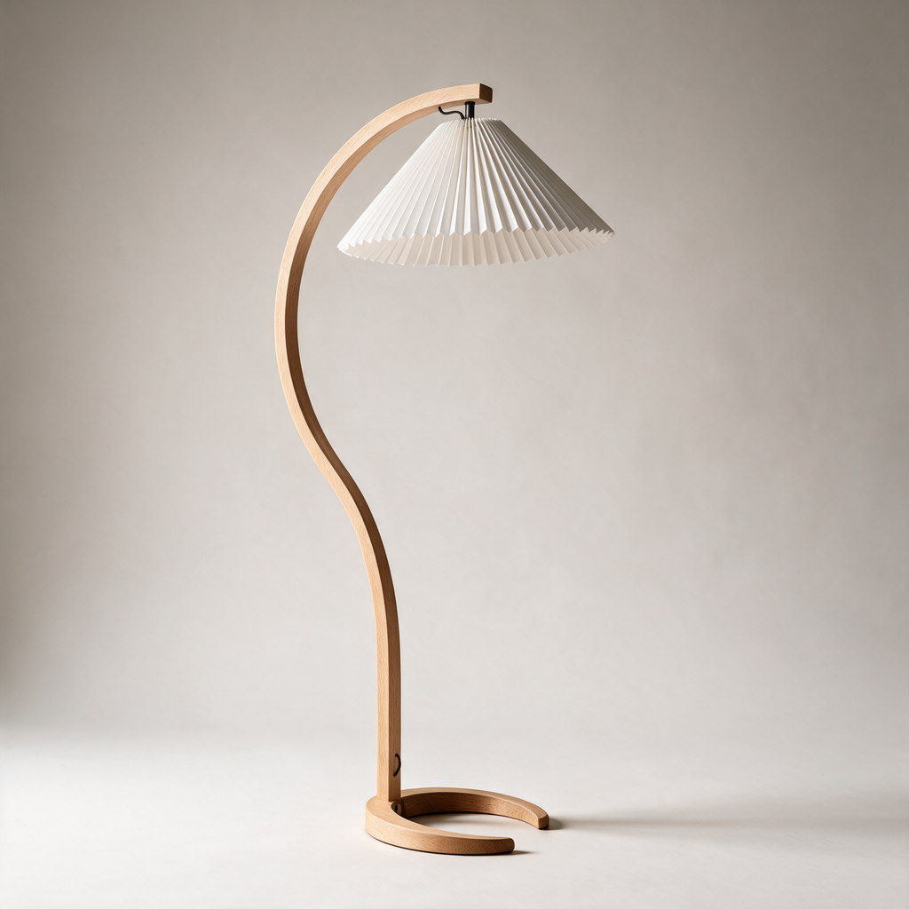 Dell Curved Beech Floor Lamp with Pleated Shade — Beech and White