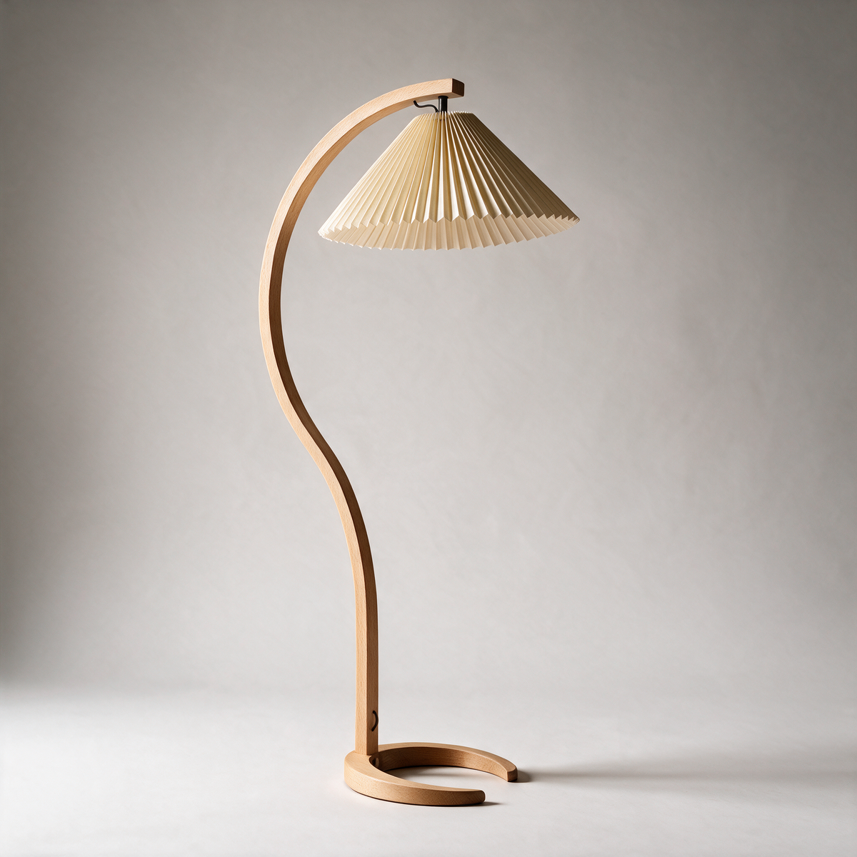Dell Curved Beech Floor Lamp with Pleated Shade — Beech and Beige