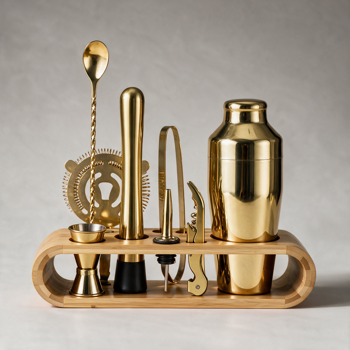 Quarry Cocktail Set with Bamboo Stand — 10 Piece — Gold